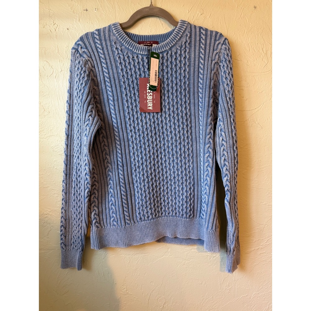 Alesbury Mens Small Blue Cable Knit 100% Cotton Crewneck Sweater NEW